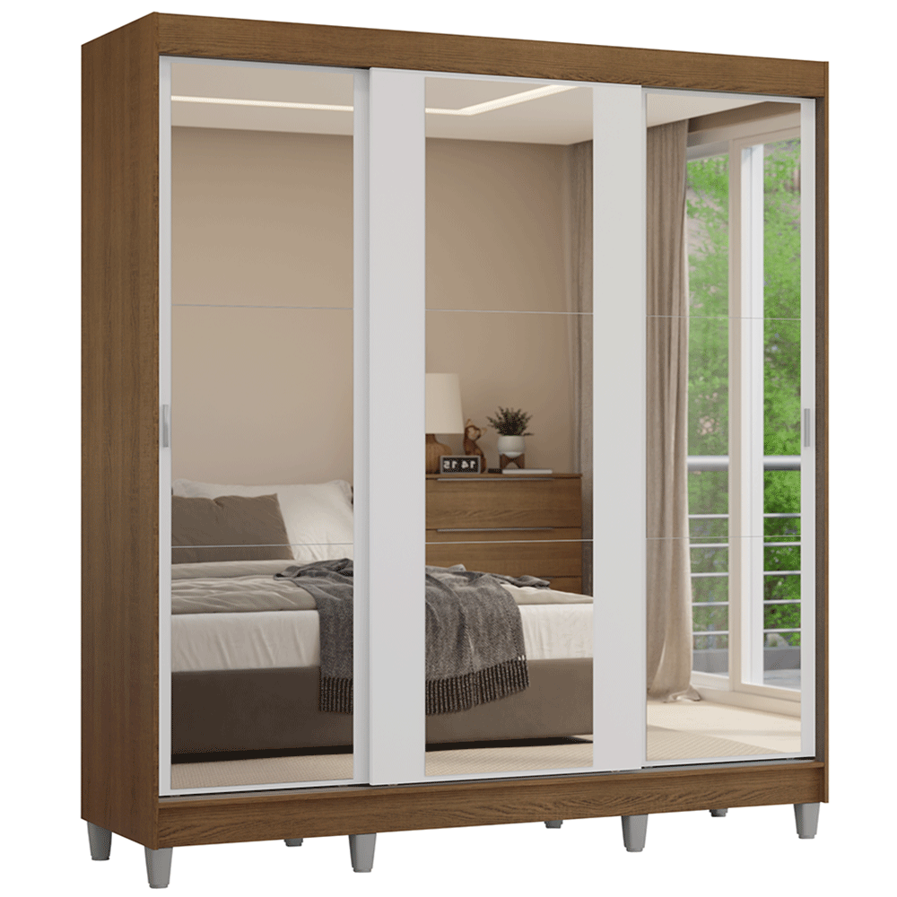 Armario matrimonial con patas, 3 puertas correderas con espejo, Marrón/Blanco Reno