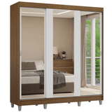 Armario matrimonial con patas, 3 puertas correderas con espejo, Marrón/Blanco Reno