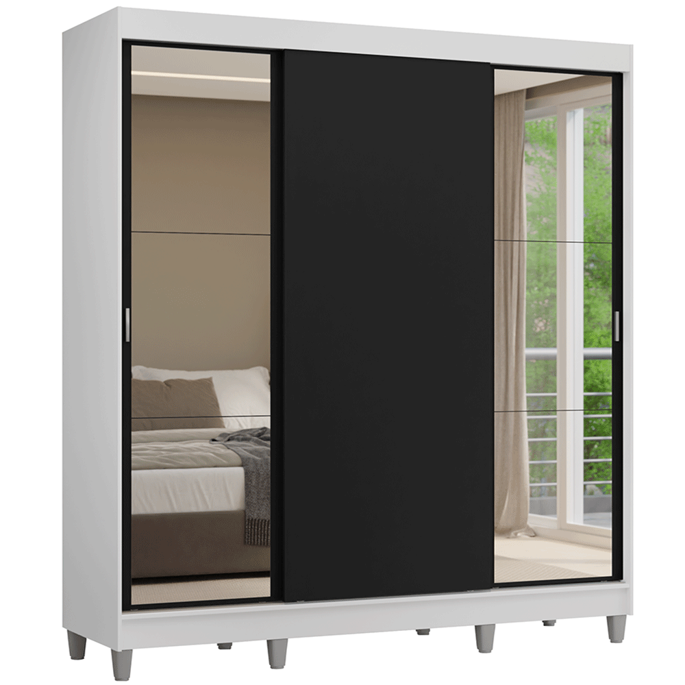 Placard Matrimonial con Patas 180 cm 3 Puertas con Espejos Reno Blanco/Negro