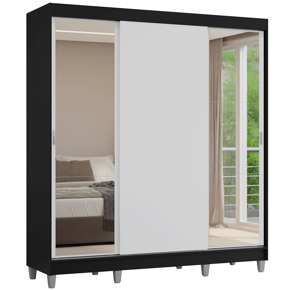 Placard Matrimonial con Patas 180 cm 3 Puertas con Espejos Reno Negro/Blanco