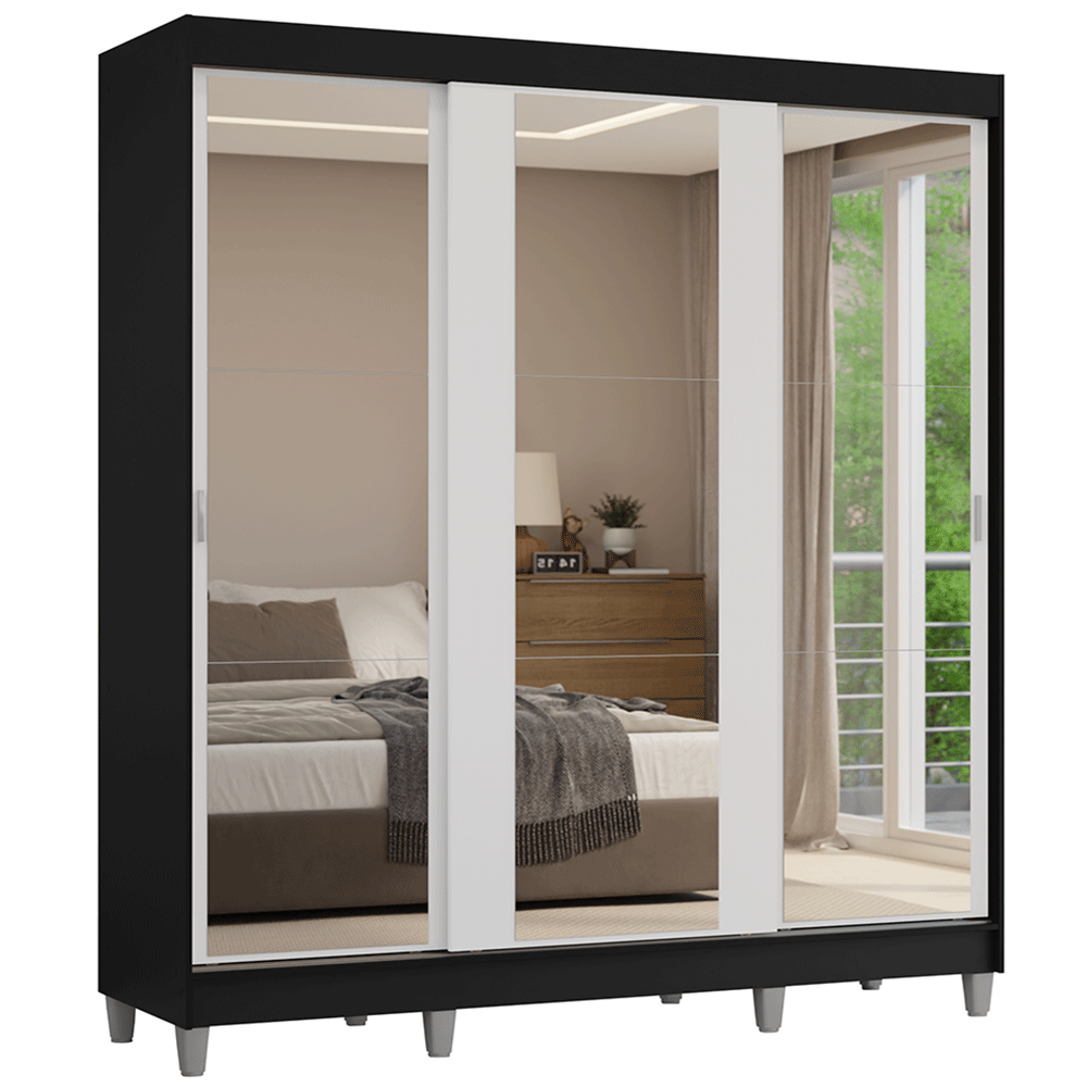 Placard Matrimonial con Patas 180 cm 3 Puertas con 3 Espejos Reno Negro/Blanco
