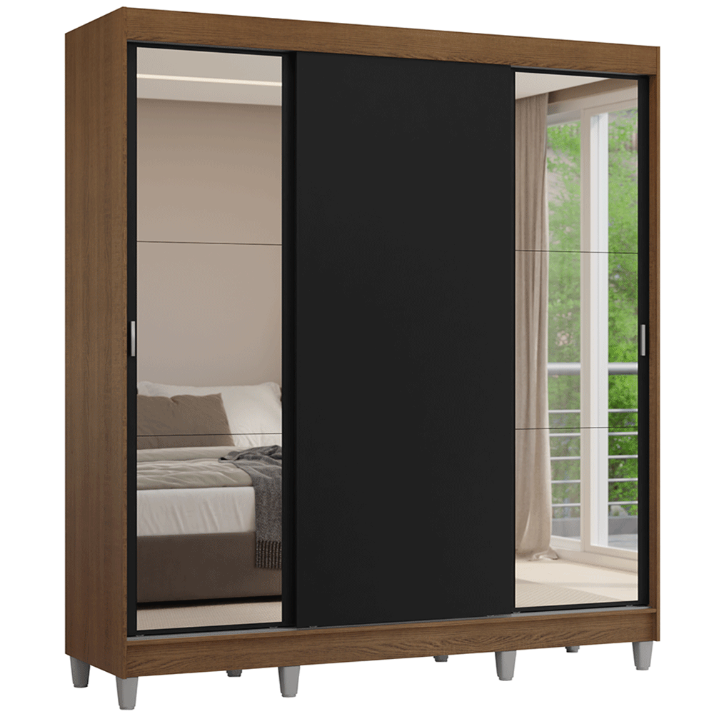 Placard Matrimonial con Patas 180 cm 3 Puertas con Espejos Reno Marrón/Negro