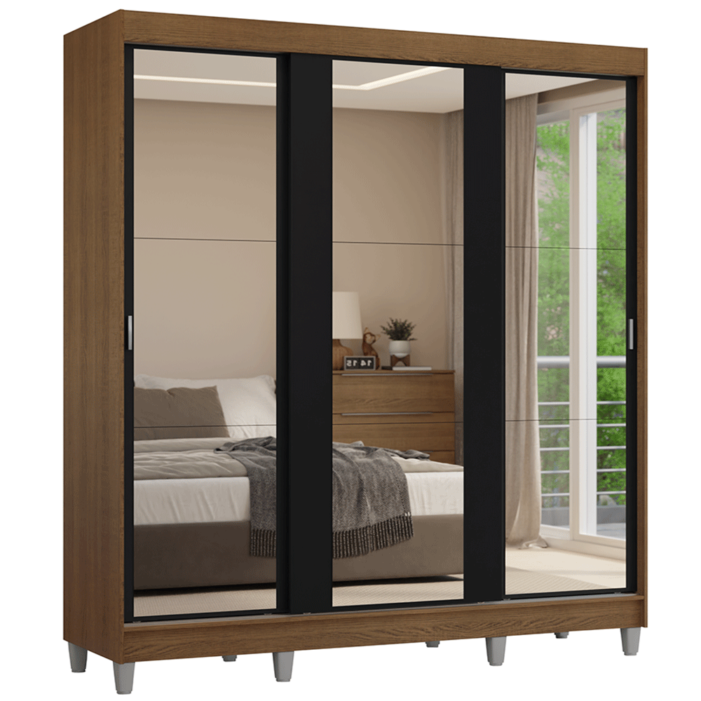 Placard Matrimonial con Patas 180 cm 3 Puertas con 3 Espejos Reno Marrón/Negro