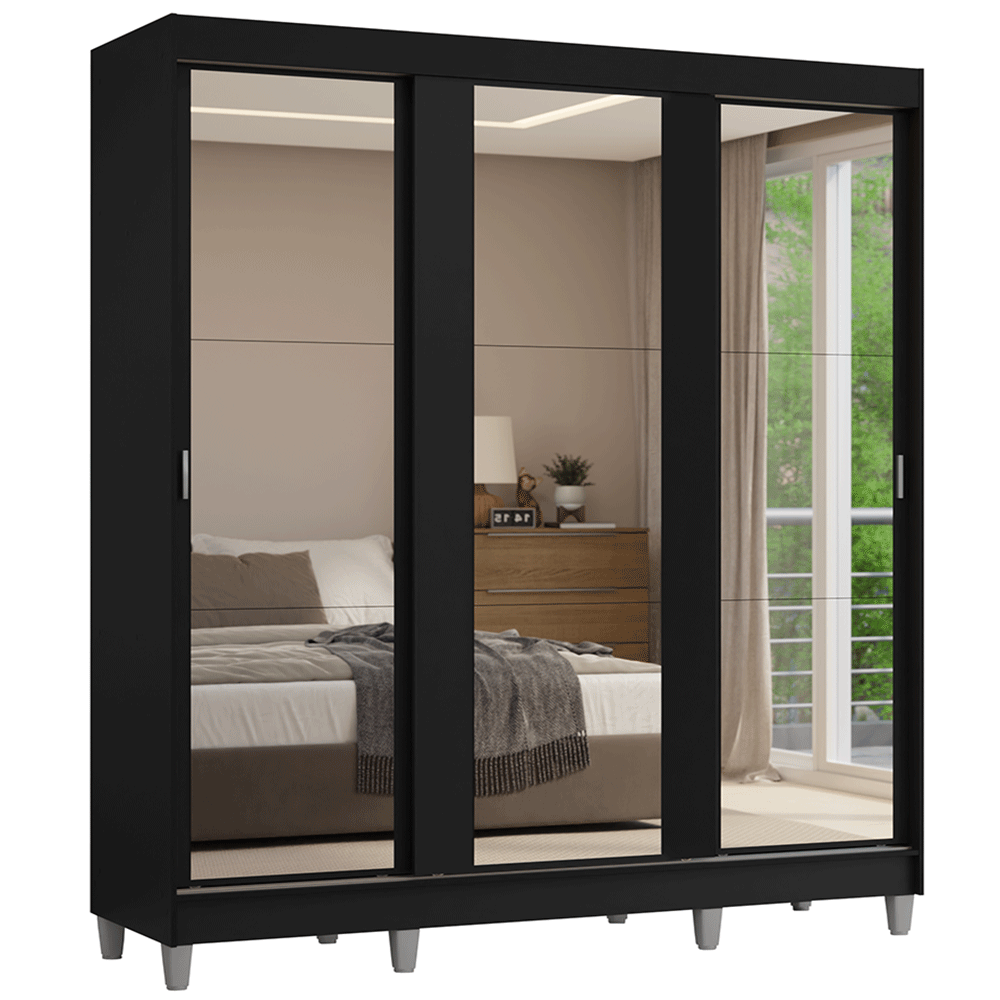 Placard Matrimonial con Patas 180 cm 3 Puertas con 3 Espejos Reno Negro