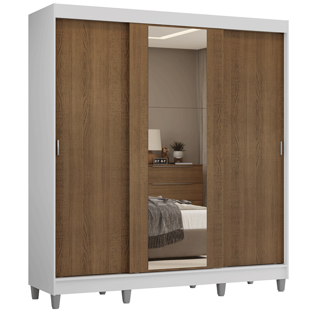 Placard Matrimonial con Patas 180 cm 3 Puertas con Espejo Reno Blanco/Marrón