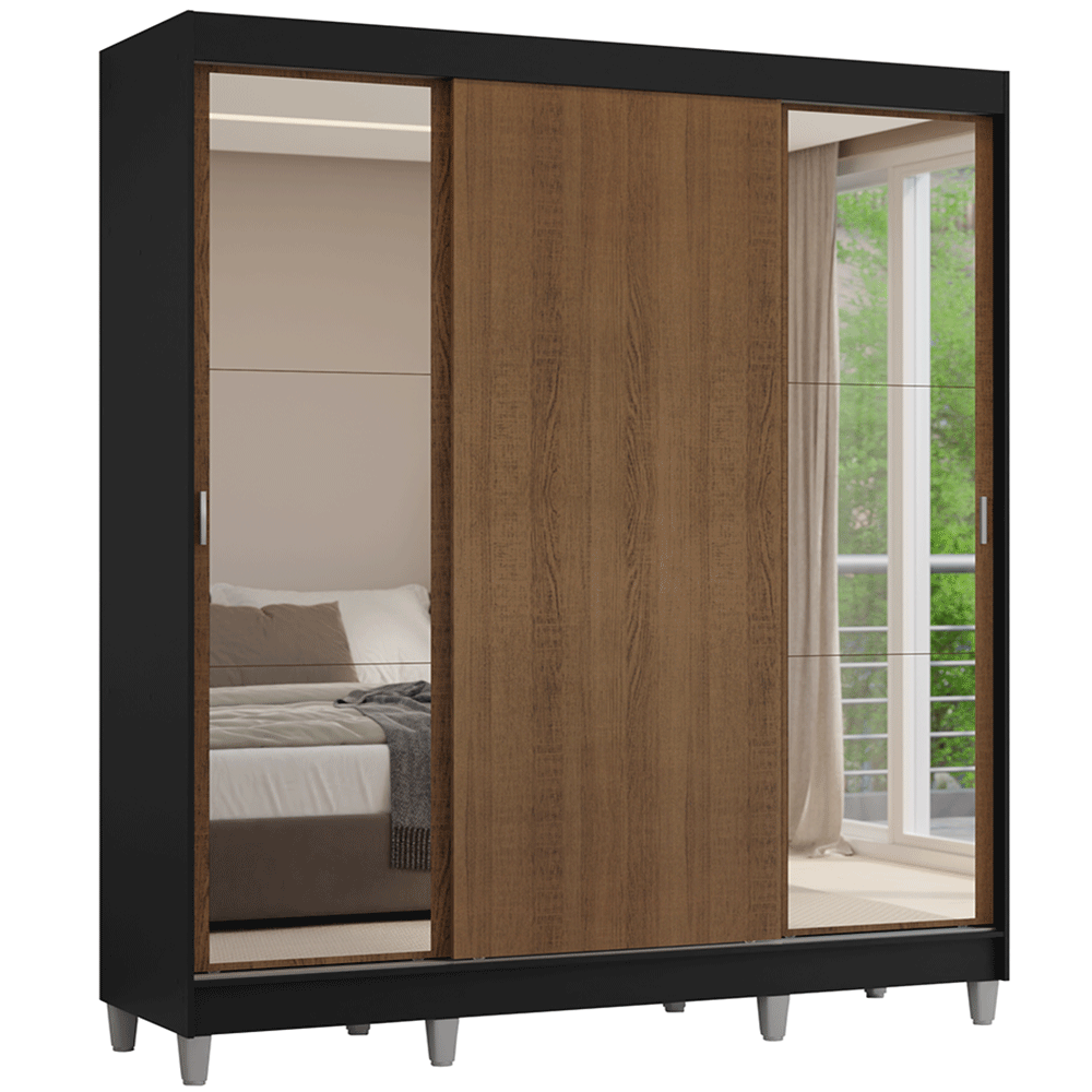 Placard Matrimonial con Patas 180 cm 3 Puertas con Espejos Reno Negro/Marrón