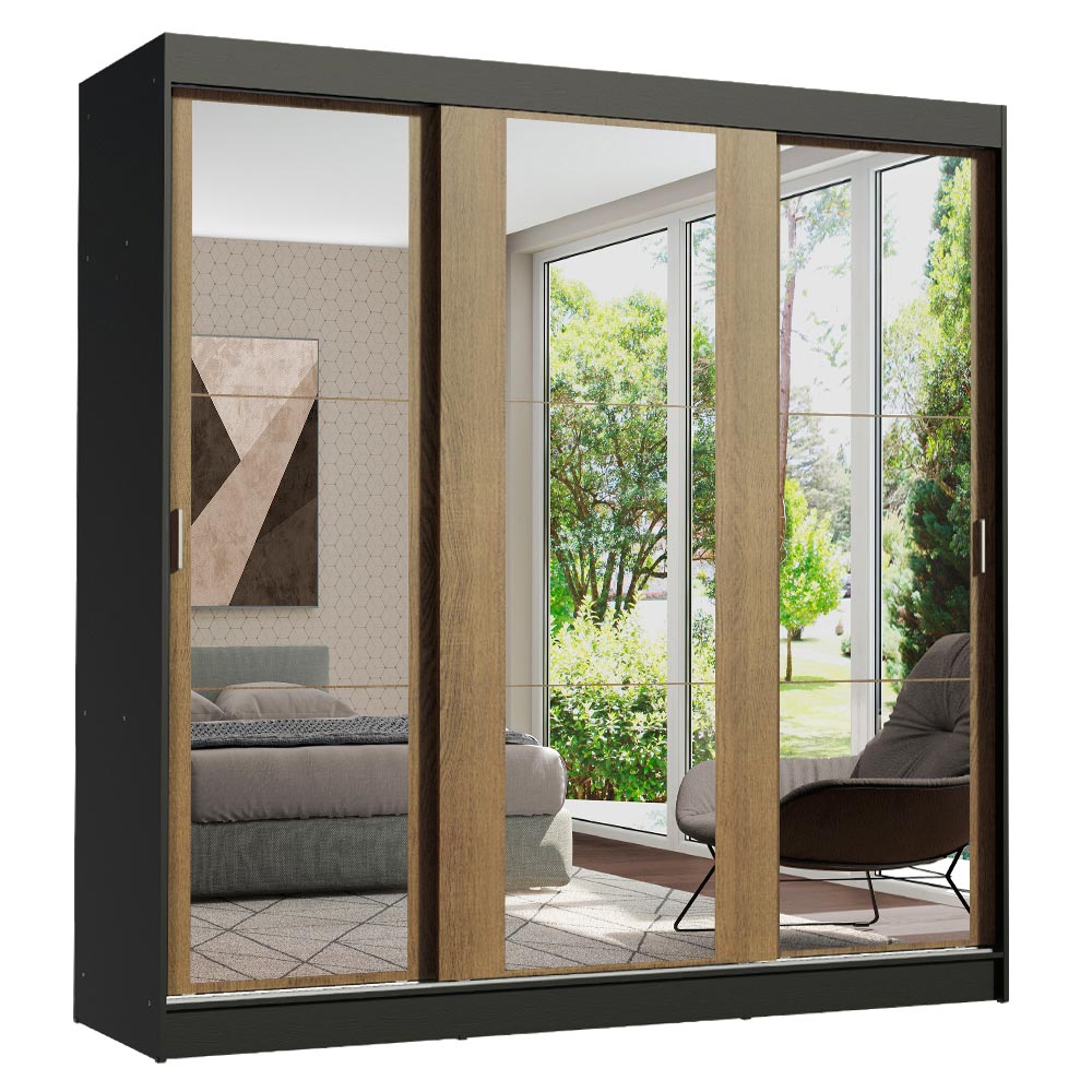 Placard Matrimonial Reno 3 Puertas Corredizas con Espejo Negro/Marrón