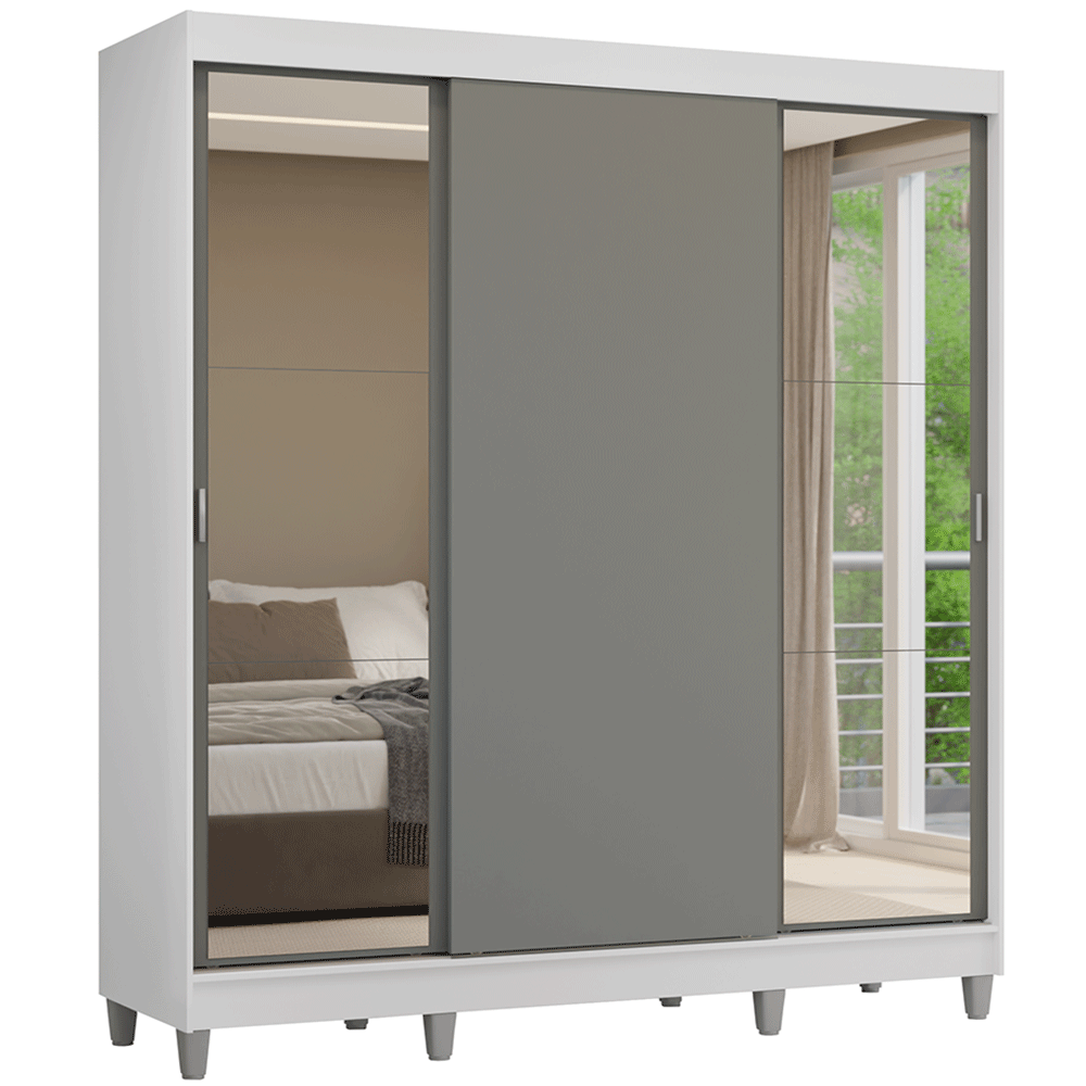 Placard Matrimonial con Patas 180 cm 3 Puertas con Espejos Reno Blanco/Gris