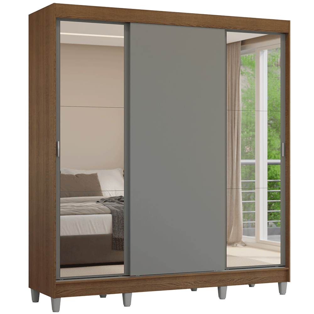 Placard Matrimonial con Patas 180 cm 3 Puertas con Espejos Reno Marrón/Gris