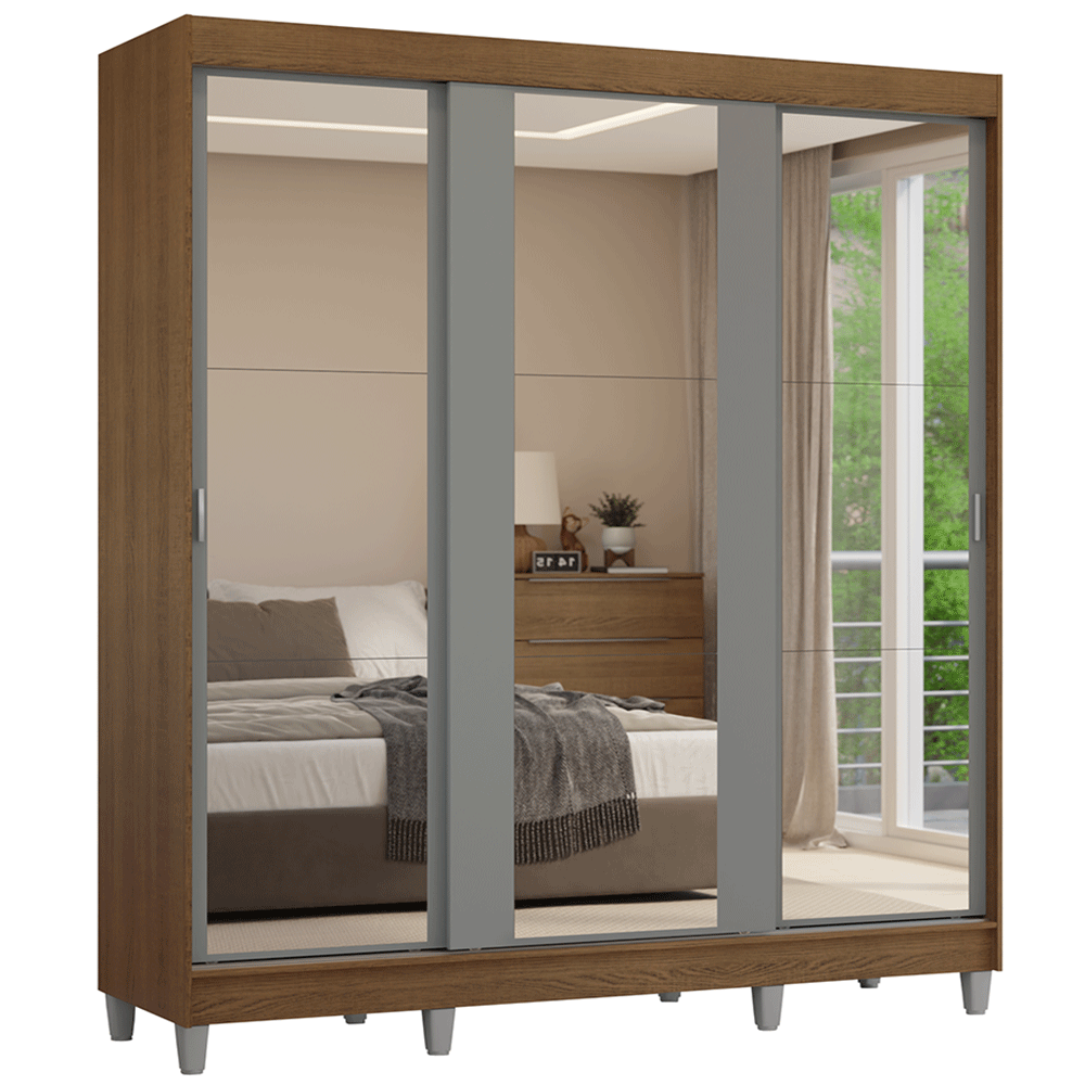 Placard Matrimonial con Patas 180 cm 3 Puertas con 3 Espejos Reno Marrón/Gris