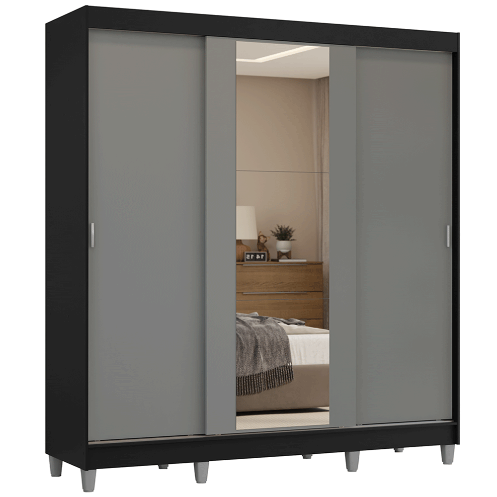 Placard Matrimonial con Patas 180 cm 3 Puertas con Espejo Reno Negro/Gris