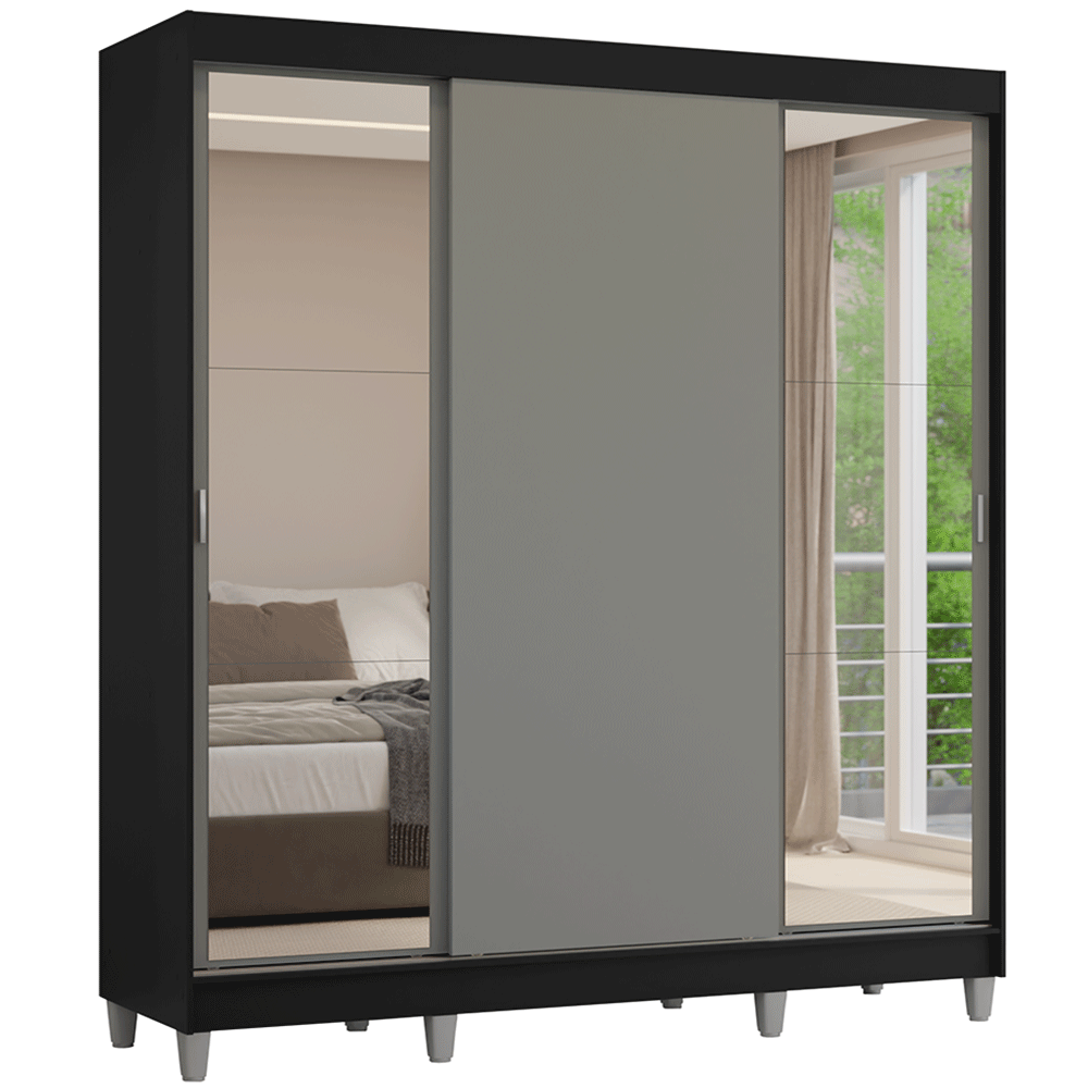 Placard Matrimonial con Patas 180 cm 3 Puertas con Espejos Reno Negro/Gris