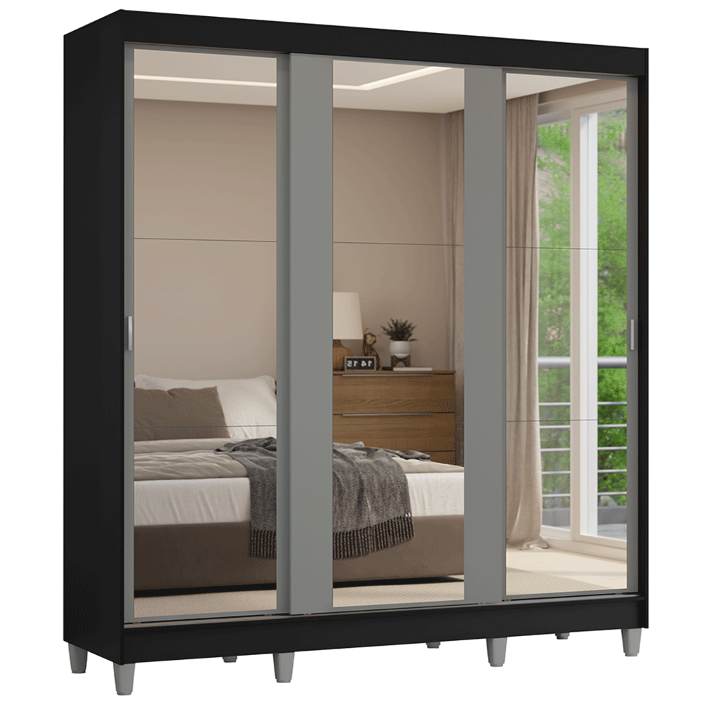 Placard Matrimonial con Patas 180 cm 3 Puertas con 3 Espejos Reno Negro/Gris