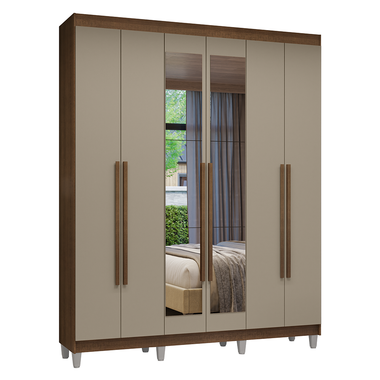 Placard Matrimonial 180 cm 6 Puertas Batientes 4 Cajones con 2 Espejos y Patas Marrón/Crema Venus Madesa