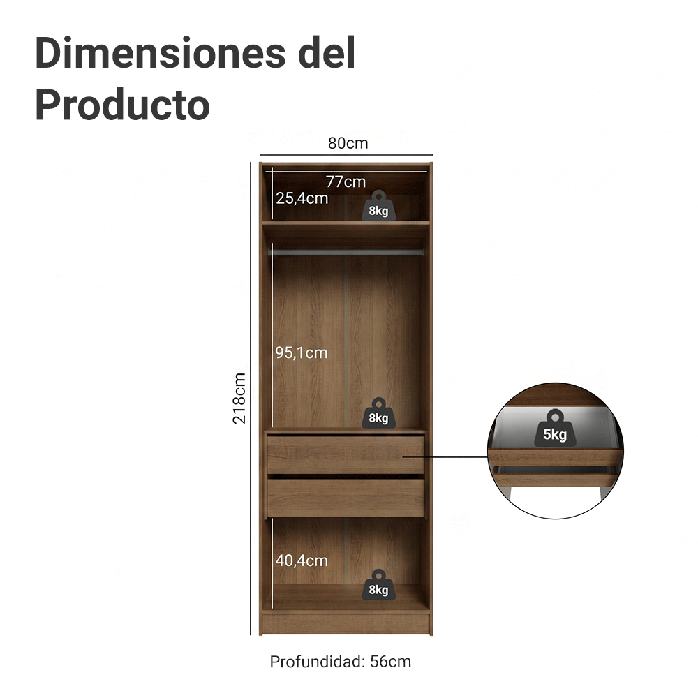 Placard Modular 2 Puertas con Espejo 2 Cajones 1 Perchero Marrón/Crema Neo Madesa