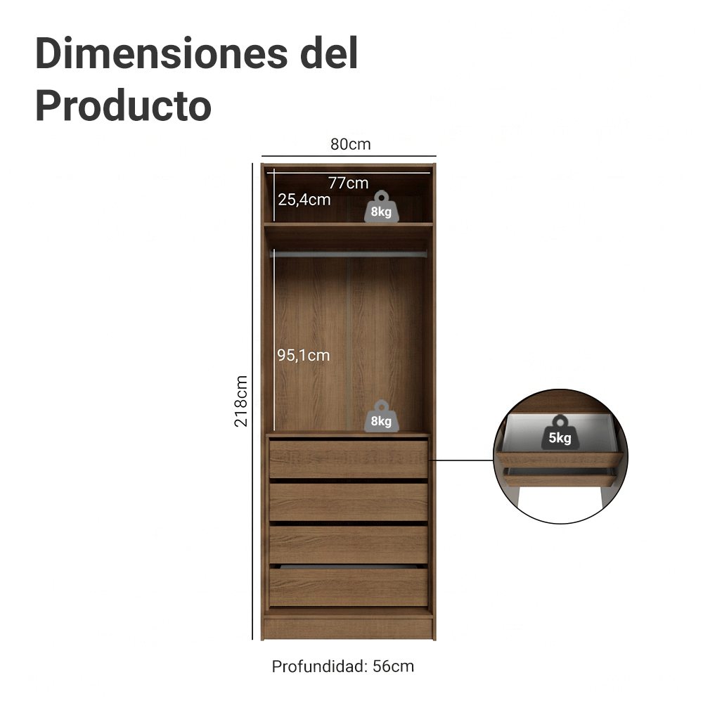 Placard Neo 80 cm 2 Puertas Batientes 4 Cajones Modular 1 Perchero Marrón/Crema Madesa