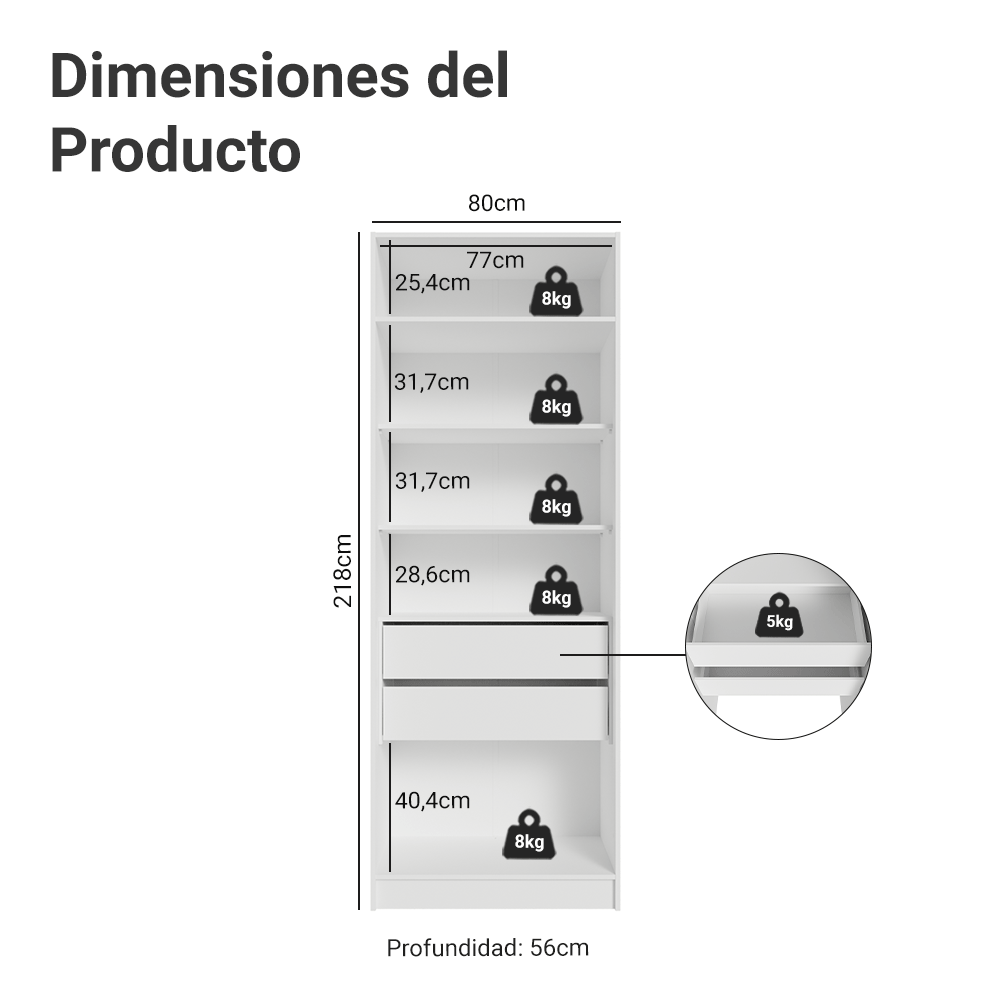 Placard Modular con 2 Puertas, 2 Cajones y 4 Estantes, Blanco Neo