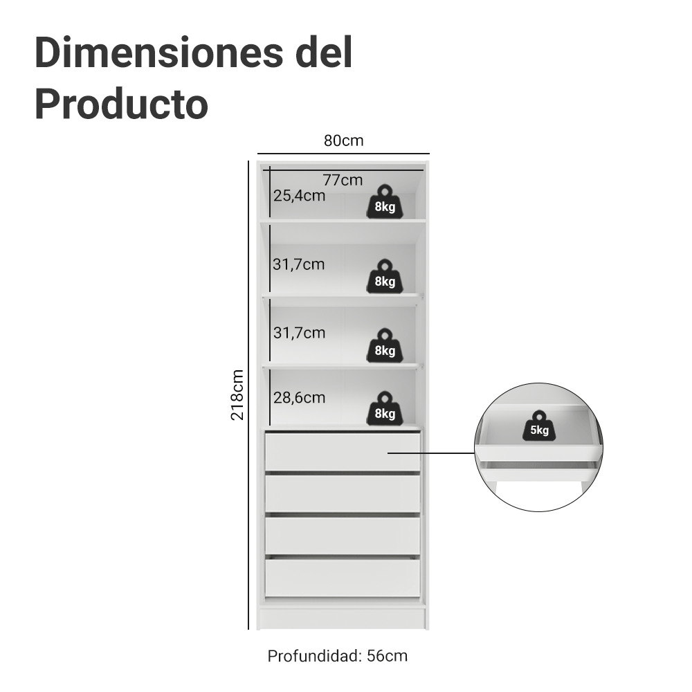 Placard Modular 2 Puertas 4 Cajones Blanco Neo Madesa