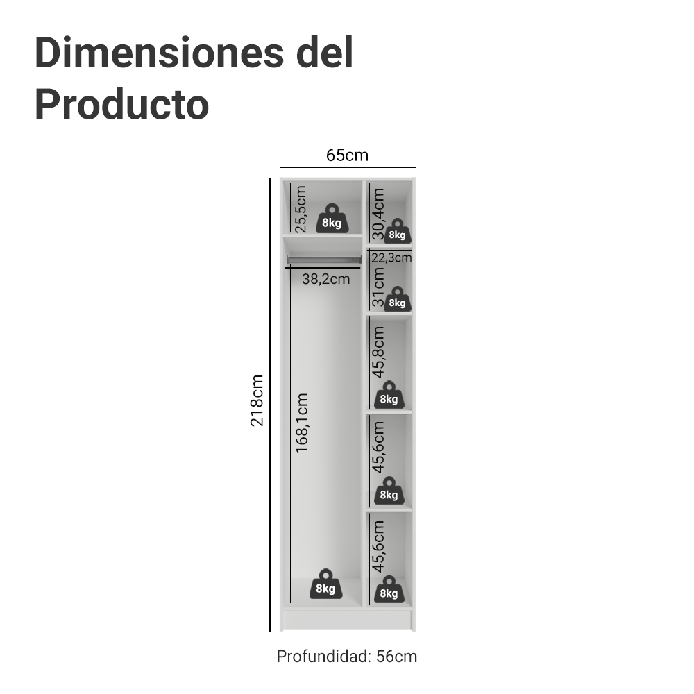 Placard Neo 65 cm 1 Puerta con Patas Modular 5 Nichos Blanco Madesa