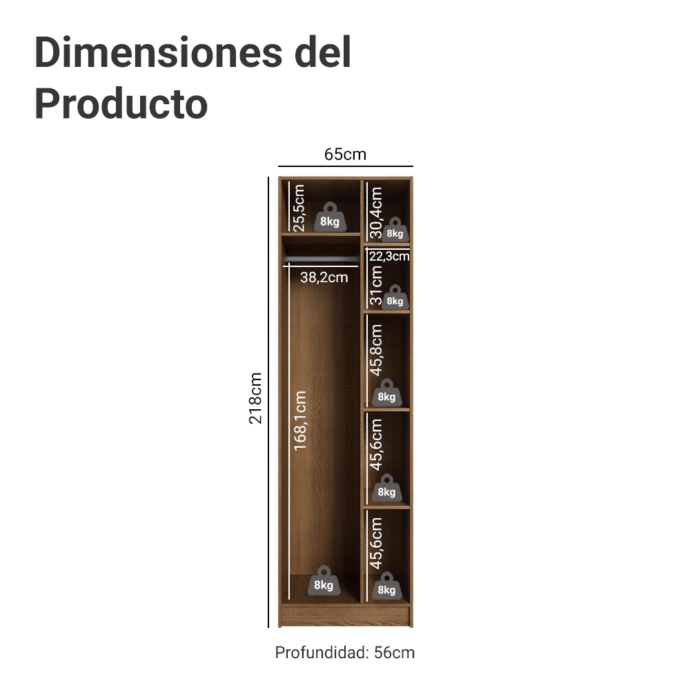 Placard Neo 65 cm 1 Puerta Batientes con Patas Modular 5 Nichos Marrón/Crema Madesa