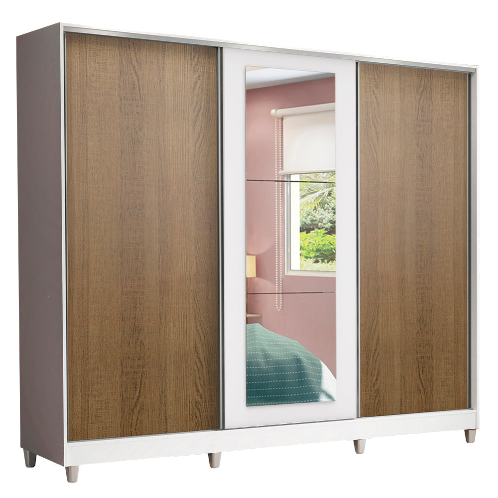 Placard Matrimonial 100% MDF Eros 3 Puertas Corredizas con Espejo con Patas Blanco/Marrón