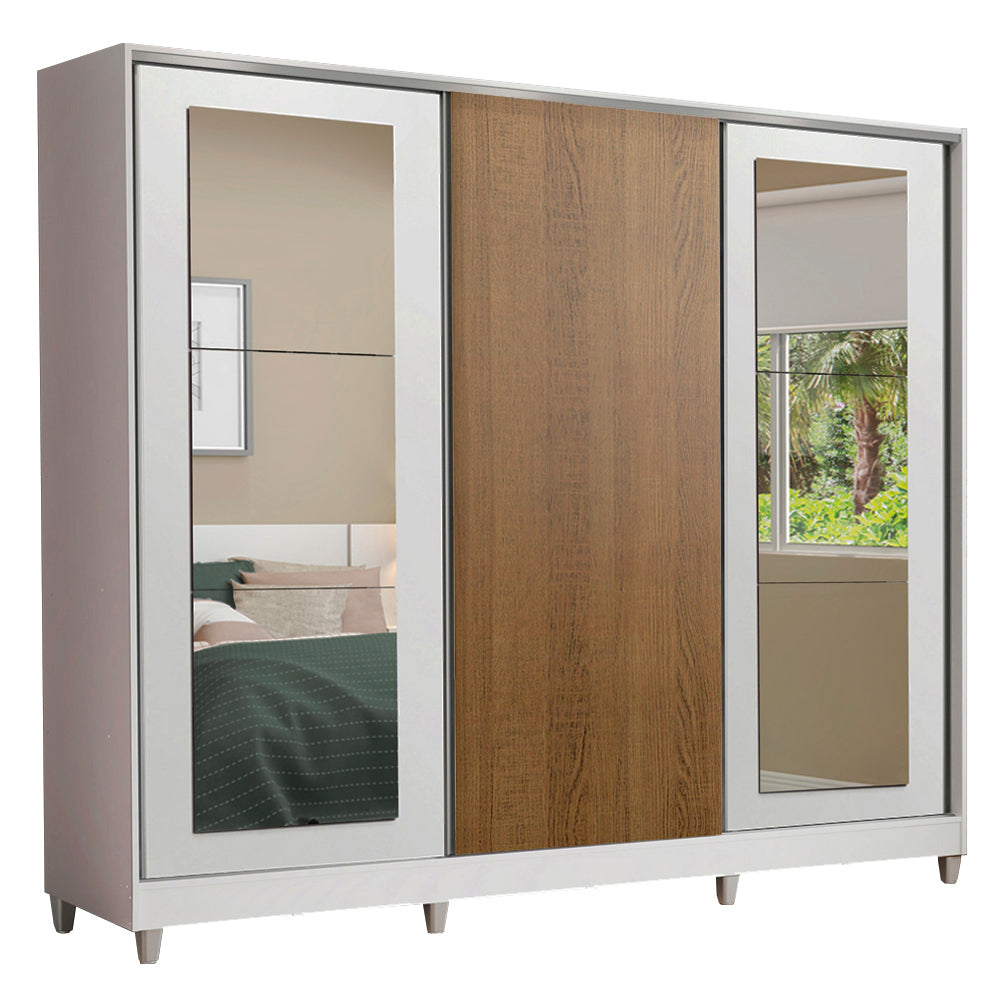 Placard Matrimonial 100% MDF 3 Puertas Corredizas con Espejos Blanco/Marrón con Patas Eros