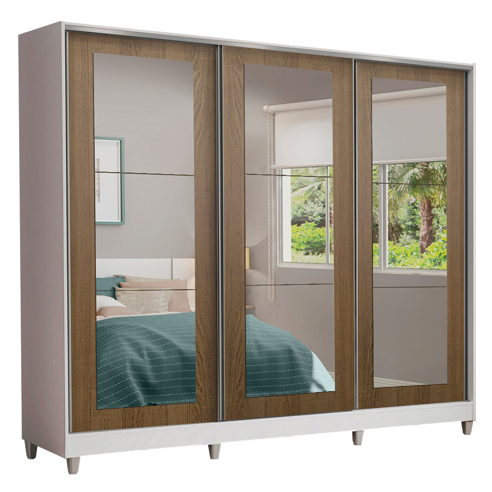 Placard Matrimonial 100% MDF 3 Puertas Corredizas con Espejos Blanco/Marrón con Patas Eros