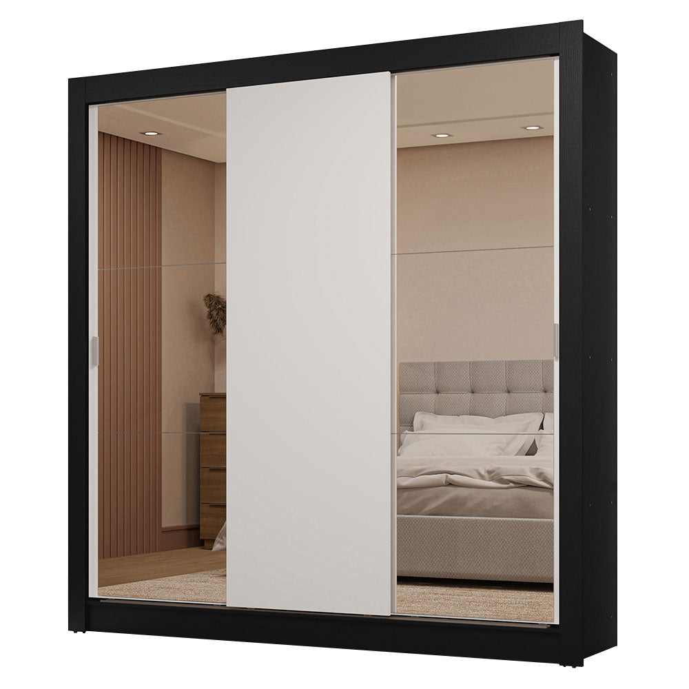 Placard Matrimonial 3 Puertas Corredizas con Espejos 2 Cajones Negro/Blanco Sublime