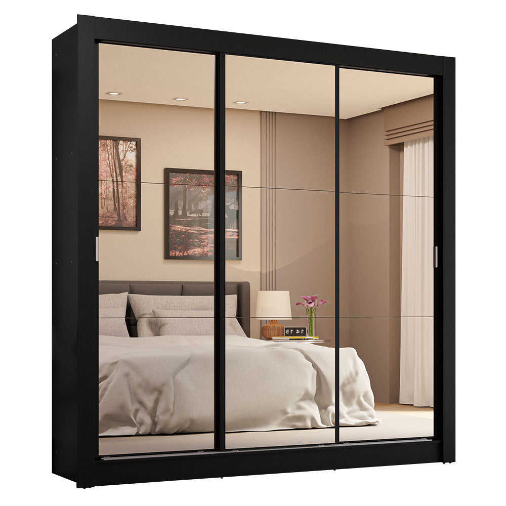 Placard Matrimonial 3 Puertas Corredizas de Espejo 4 Cajones Negro Sublime Plus