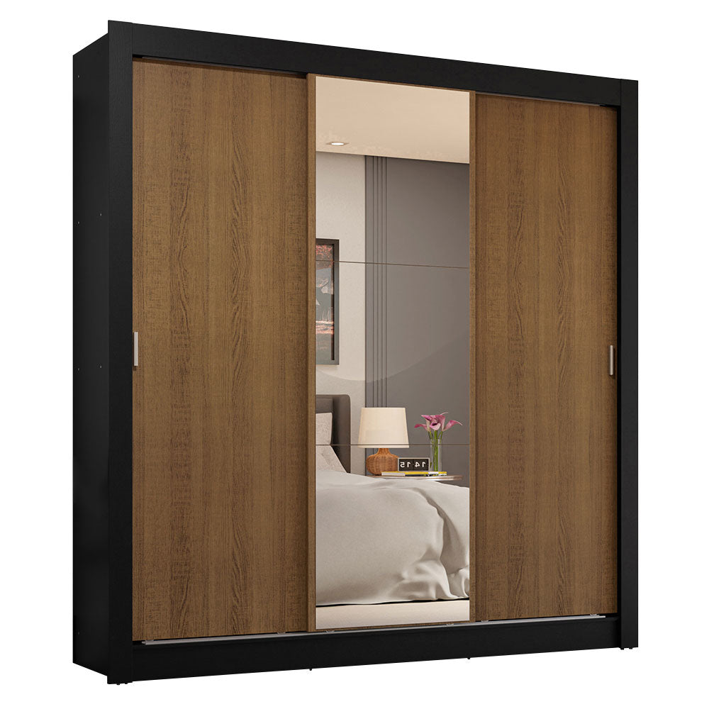 Placard Matrimonial 3 Puertas Corredizas con Espejo 4 Cajones Negro/Marrón Sublime Plus
