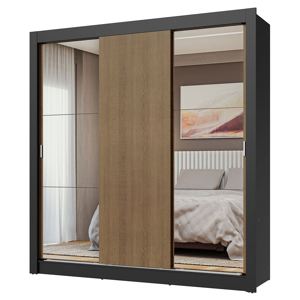 Placard Matrimonial 3 Puertas Corredizas con Espejos Negro/Marrón Nobre