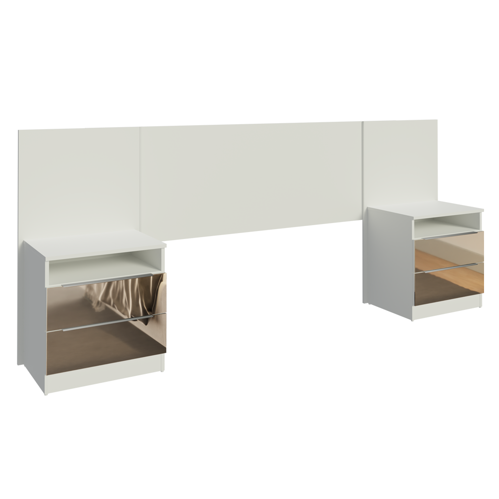 Respaldo de cama extensible Madesa con 2 Mesas de Luz con Espejo Blanco