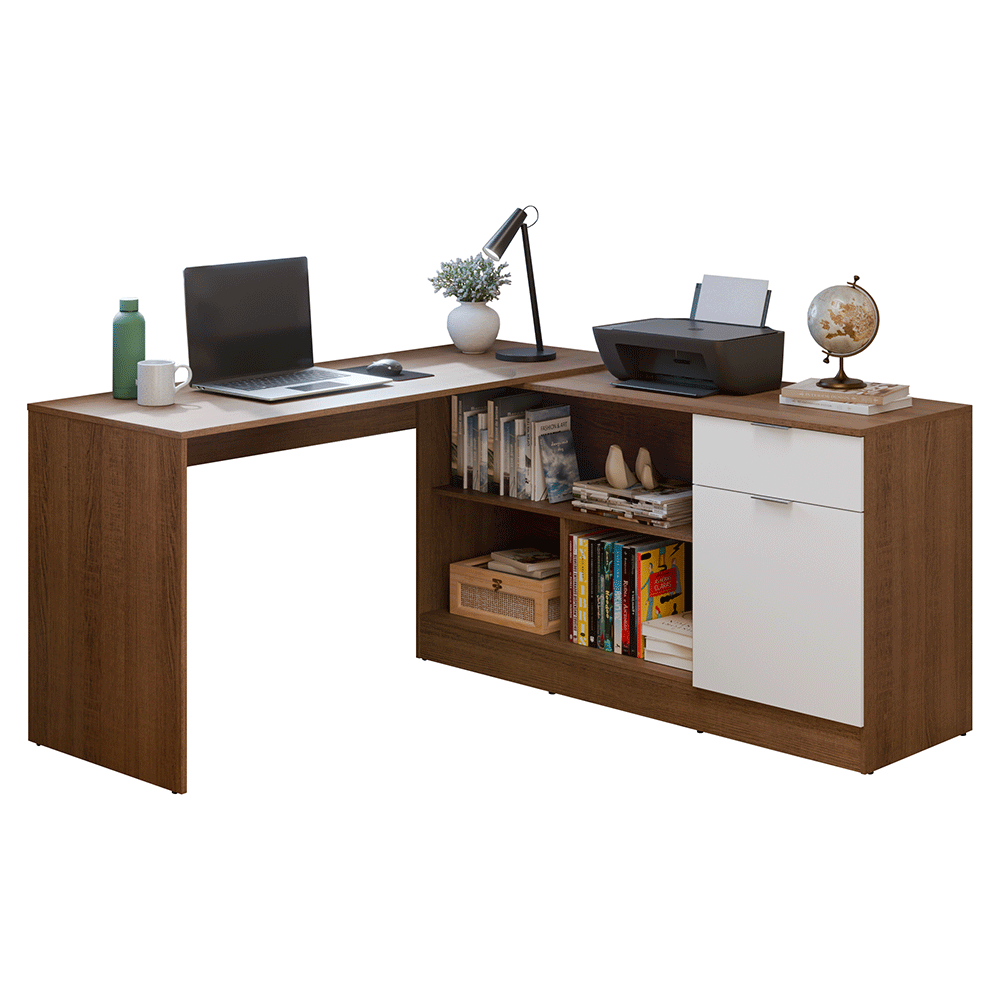 Escritorio Esquinero 300 cm Marrón/Blanco Roma Madesa