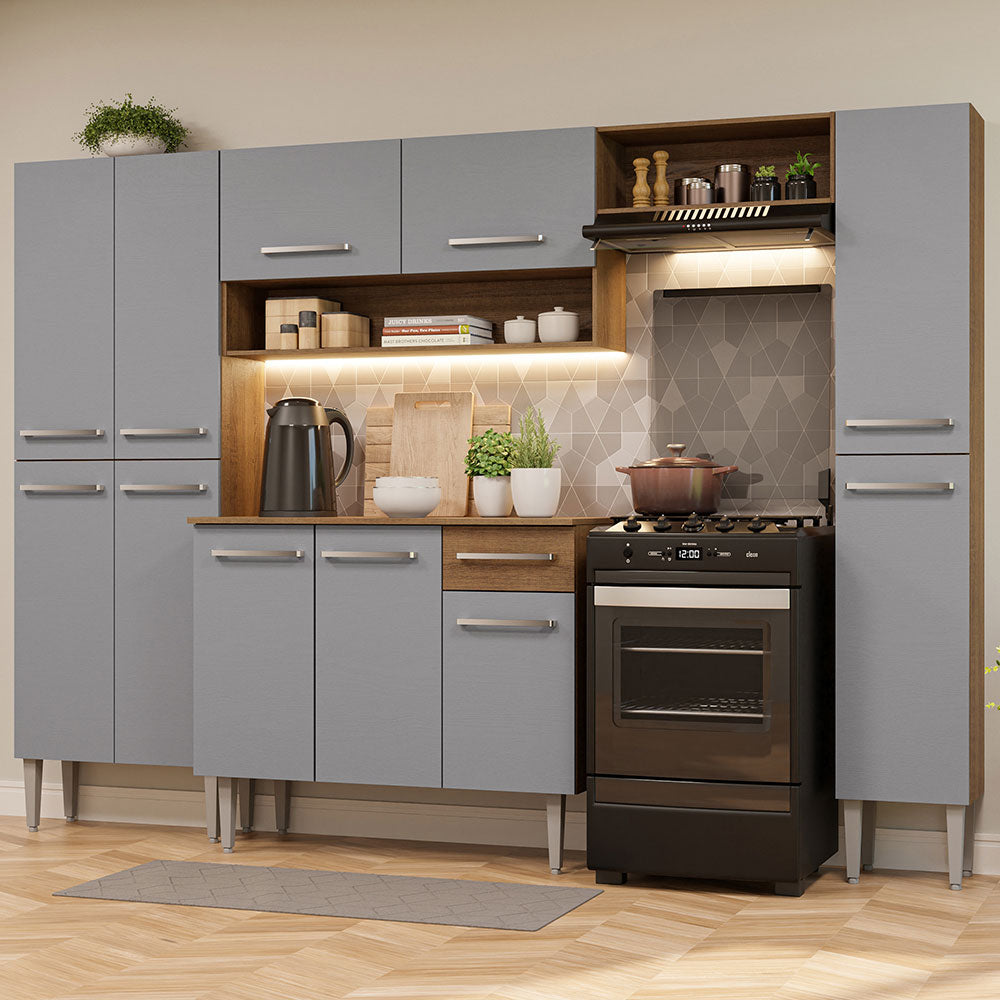 Combo Completo de Cocina 261cm Marrón/Gris Emilly Hit Madesa