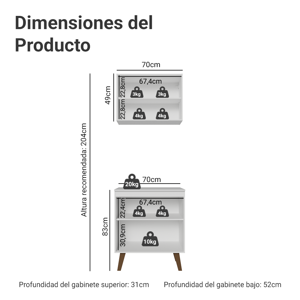 Kit de Cocina con Alacena y Mueble Bajo 70 cm Blanco Pieta Madesa