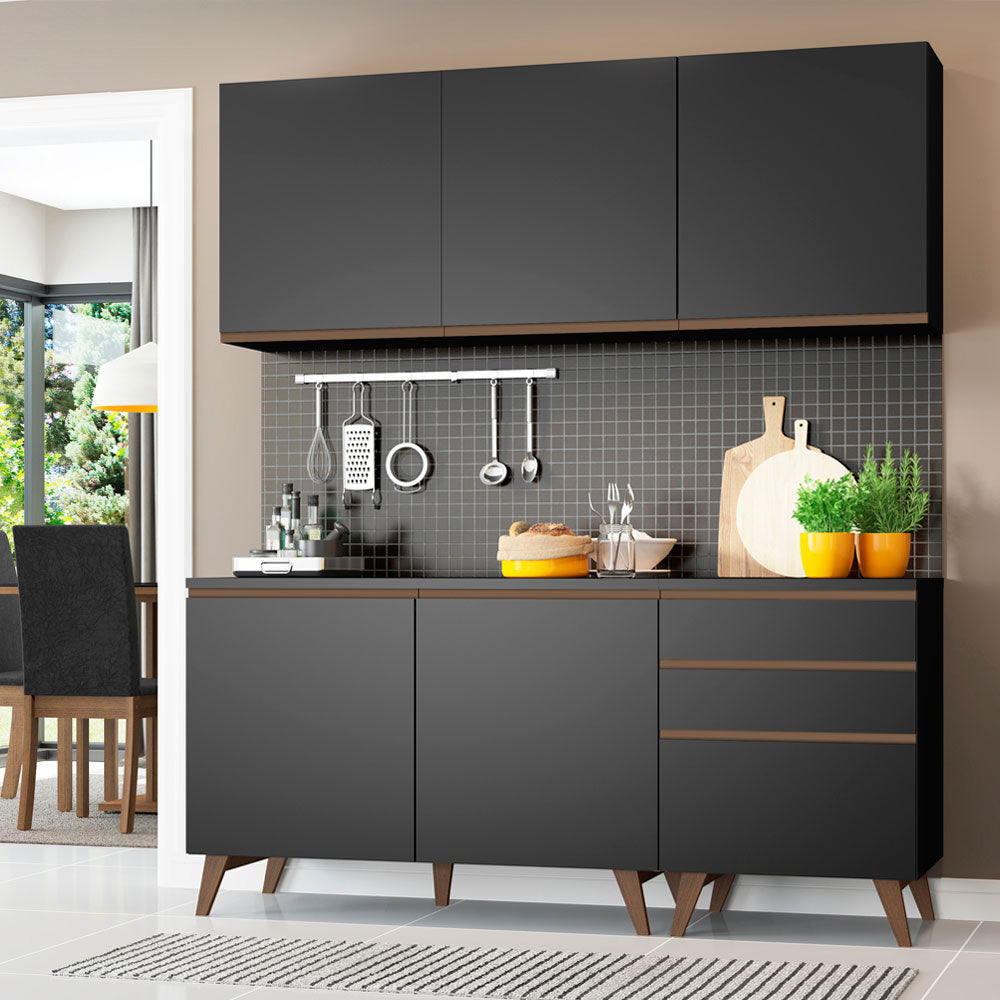 Cocina Compacta 180 cm 5 Puertas y 3 Cajones Negro Reims Madesa