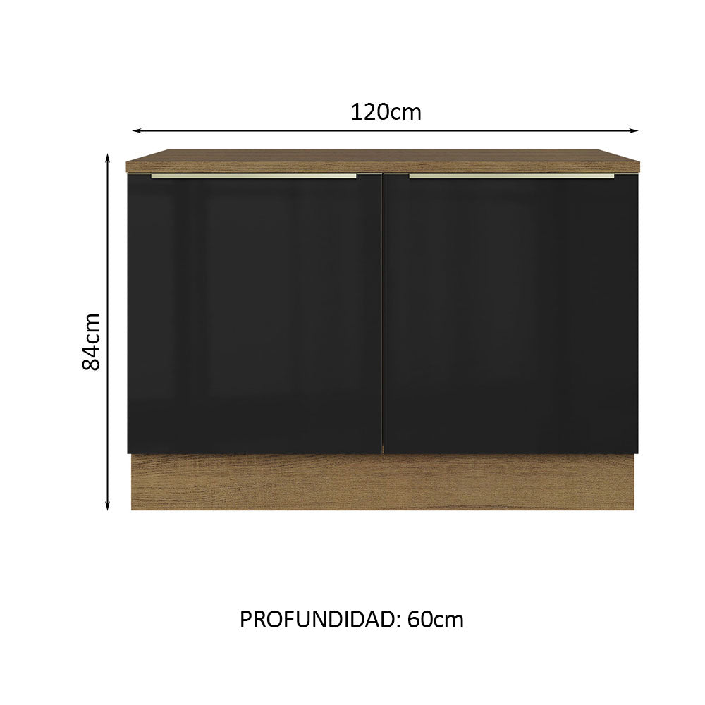 Bajo Mesada Cocina 120 cm x 60 cm, 2 Puertas (Con Mesada) Lux Marrón/Negro