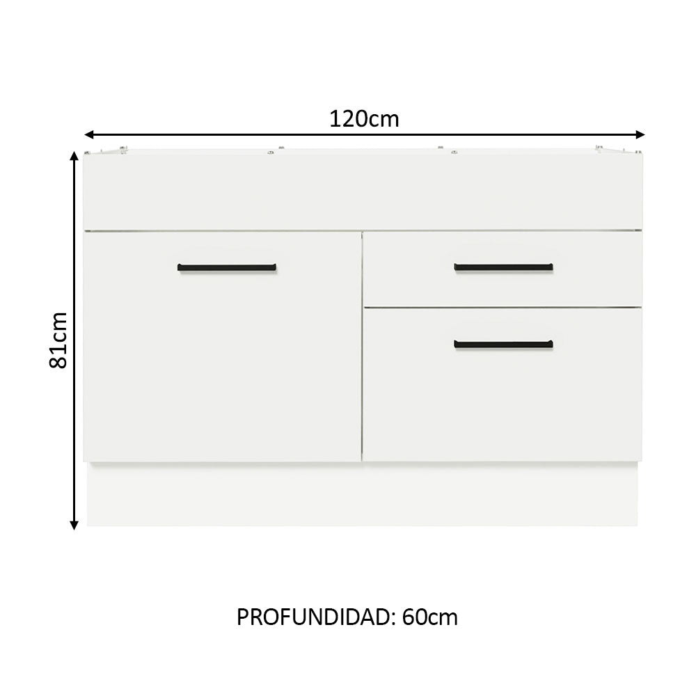 Bajo Mesada Cocina 120 cm x 60 cm, 2 Cajones 1 Puerta Agata Blanco