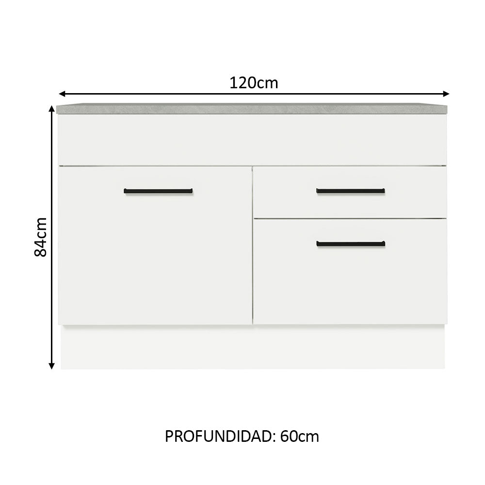 Bajo Mesada Cocina 120 x 60 cm 1 Puerta 2 Cajones Blanco (Con Mesada) Agata Madesa