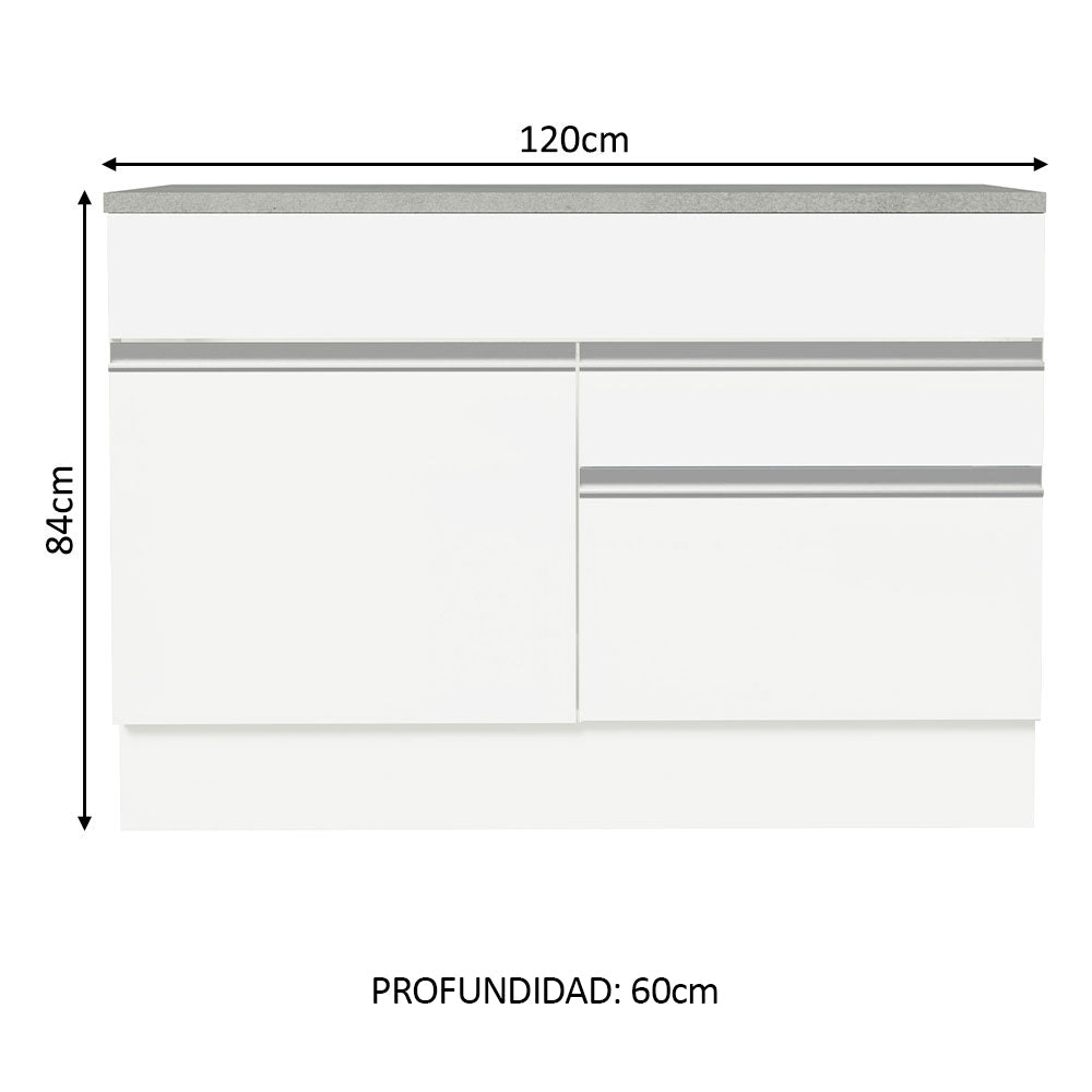 Bajo Mesada Cocina 120 x 60 cm 1 Puerta 2 Cajones Blanco (Con Mesada) Glamy Madesa