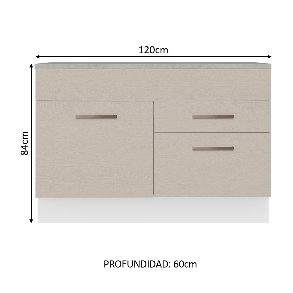 Bajo Mesada Cocina 120 x 60 cm 1 Puerta 2 Cajones Blanco/Crema (Con Mesada) Agata Madesa