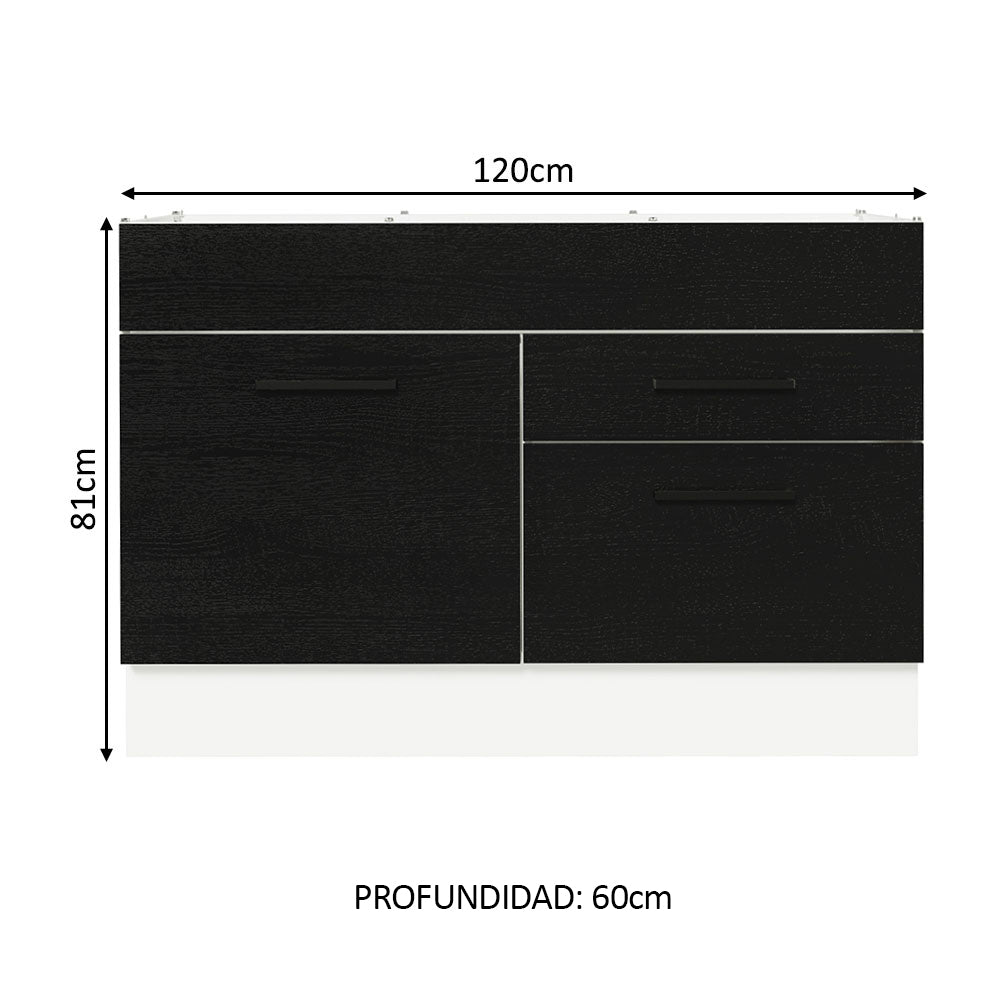 Bajo Mesada Cocina 120 x 60 cm 1 Puerta 2 Cajones Blanco/Negro (Sin Mesada) Agata Madesa