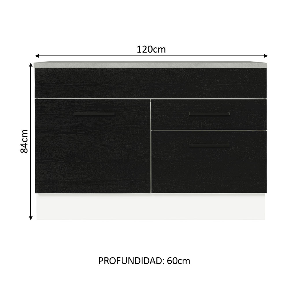 Bajo Mesada Cocina 120 x 60 cm 1 Puerta 2 Cajones Blanco/Negro (Con Mesada) Agata Madesa