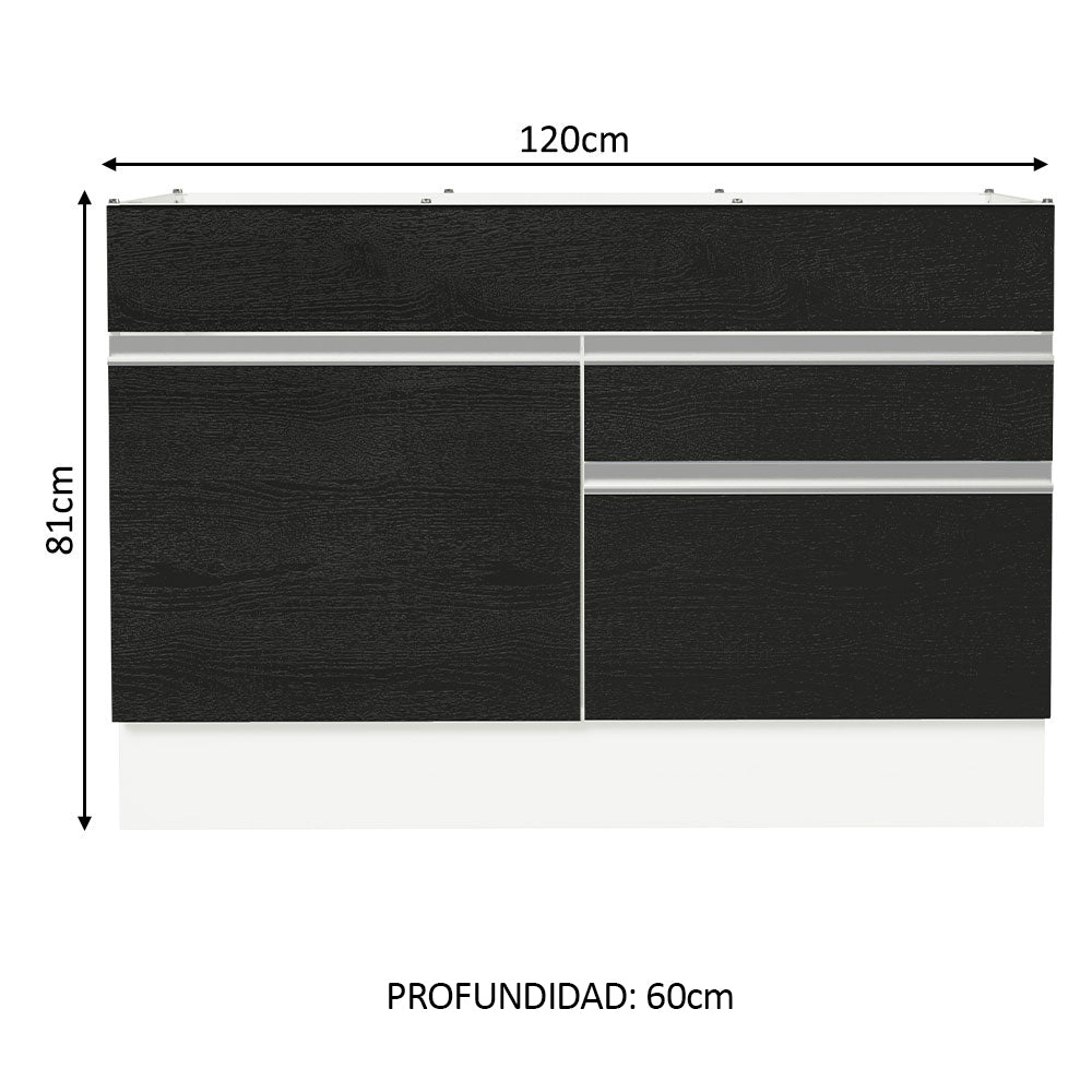 Bajo Mesada Cocina 120 x 60 cm 1 Puerta 2 Cajones Blanco/Negro (Sin Mesada) Glamy Madesa
