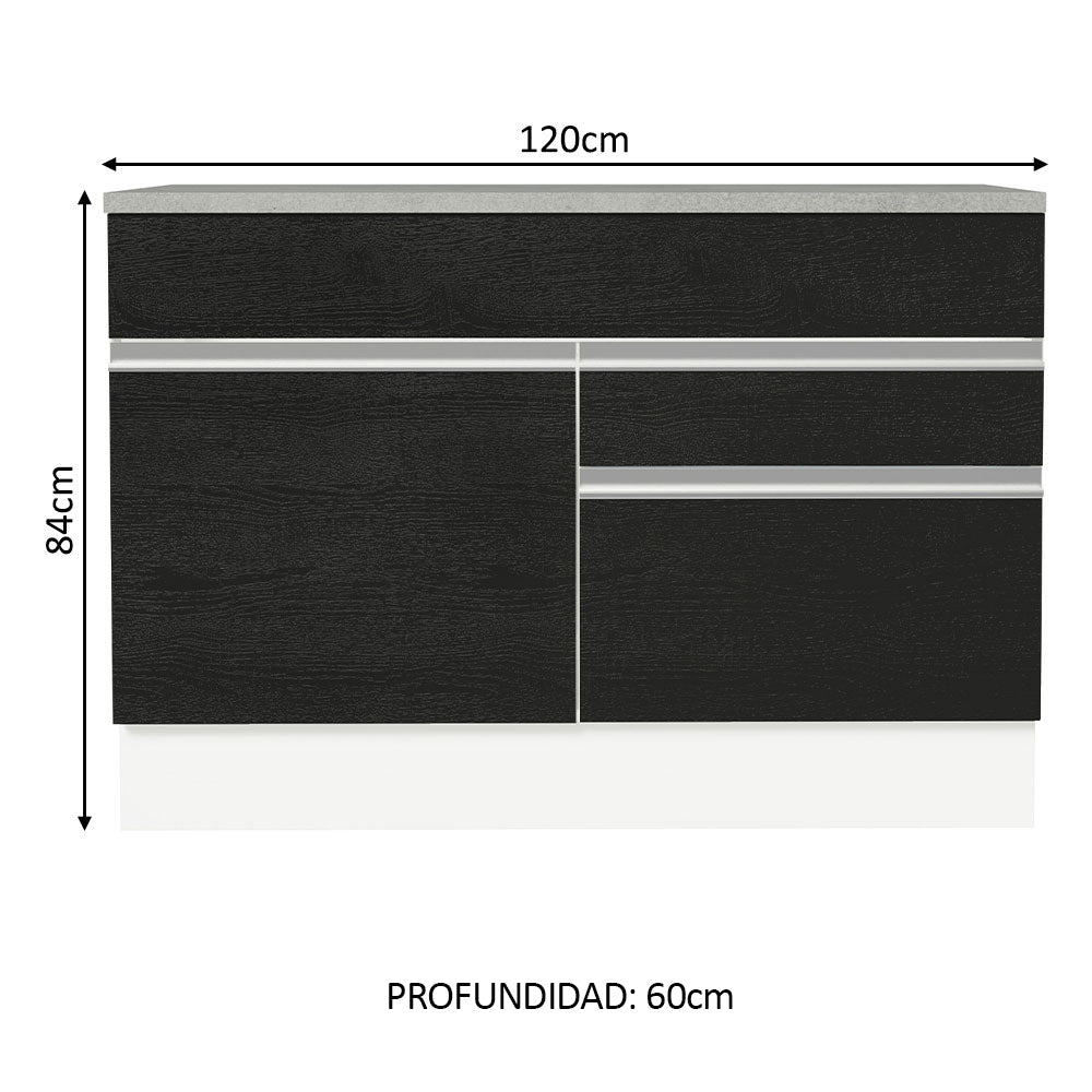Bajo Mesada Cocina 120 x 60 cm 1 Puerta 2 Cajones Blanco/Negro (Con Mesada) Glamy Madesa