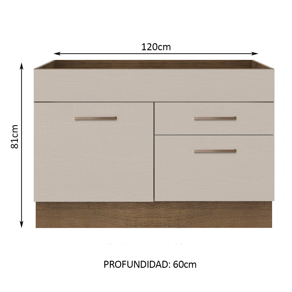 Bajo Mesada Cocina 120 x 60 cm 1 Puerta 2 Cajones Marrón/Crema (Sin Mesada) Agata Madesa