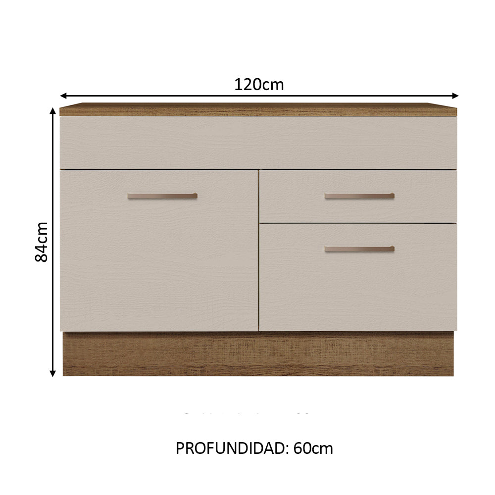 Bajo Mesada Cocina 120 x 60 cm 1 Puerta 2 Cajones Marrón/Crema (Con Mesada) Agata Madesa