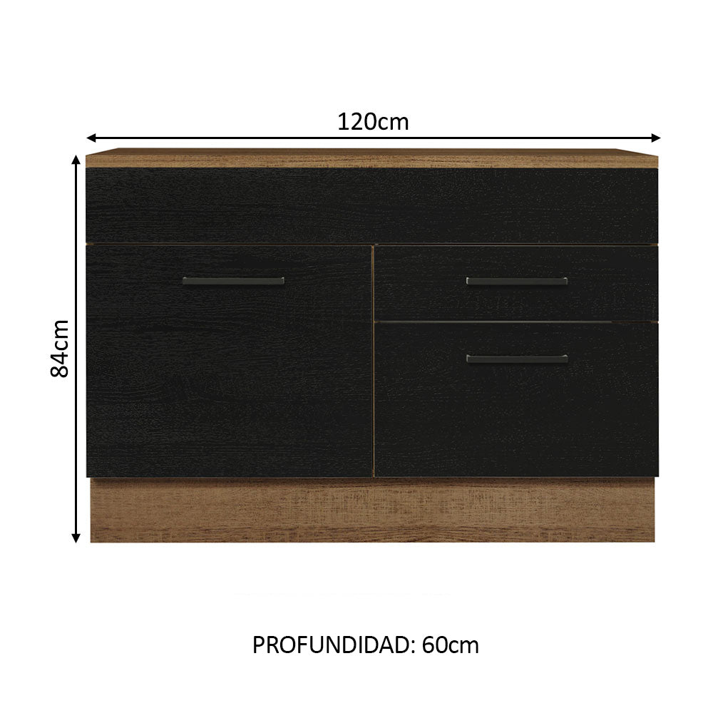 Bajo Mesada Cocina 120 x 60 cm 1 Puerta 2 Cajones (Con Mesada) Marrón/Negro Agata Madesa