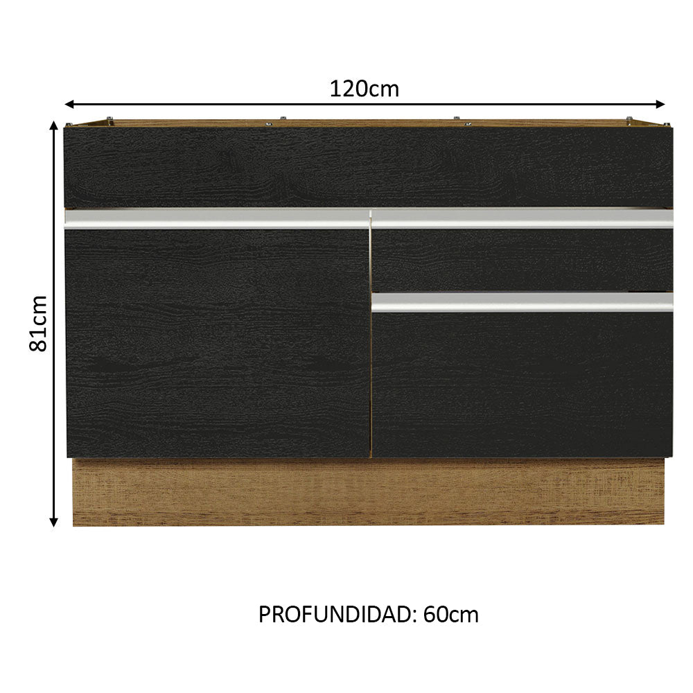 Bajo Mesada Cocina 120 x 60 cm 1 Puerta 2 Cajones Marrón/Negro (Sin Mesada) Glamy Madesa