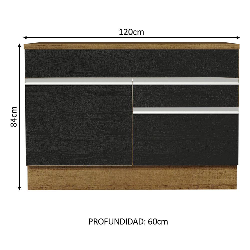 Bajo Mesada Cocina 120 x 60 cm 1 Puerta 2 Cajones Marrón/Negro (Con Mesada) Glamy Madesa